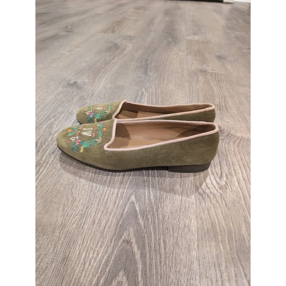 Stubbs & Wootton Green Velvet Embroidered Floral Slip-On Loafer Flat Womens 7.5